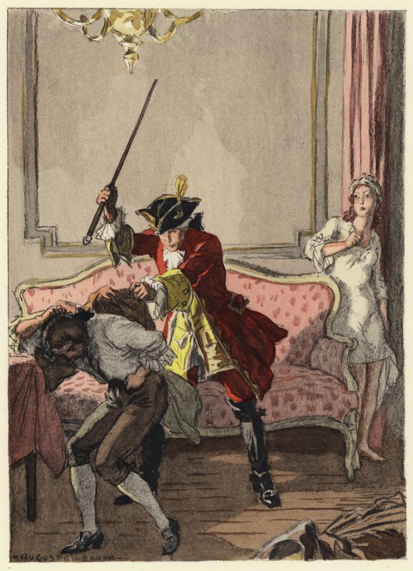 Ilustracja do pamiętników Casanovy (kolorowa litografia) autorstwa Jules Marie Auguste Leroux