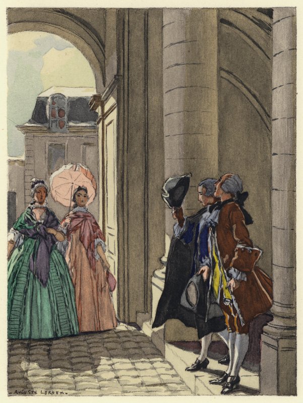 Ilustracja do pamiętników Casanovy (kolorowa litografia) autorstwa Jules Marie Auguste Leroux