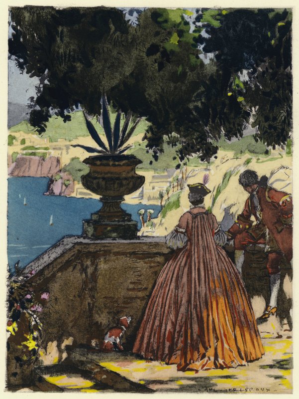 Ilustracja do pamiętników Casanovy (kolorowa litografia) autorstwa Jules Marie Auguste Leroux