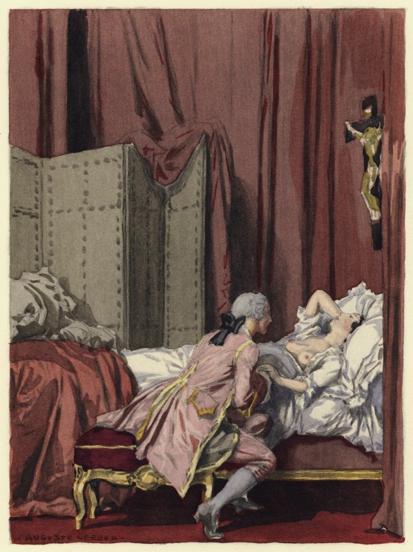 Ilustracja do pamiętników Casanovy (kolorowa litografia) autorstwa Jules Marie Auguste Leroux