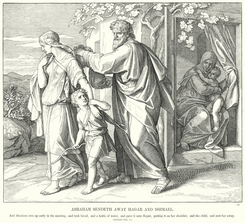 Abraham odsyła Hagar i Ismaela (rycina) autorstwa Julius (after) Schnorr von Carolsfeld
