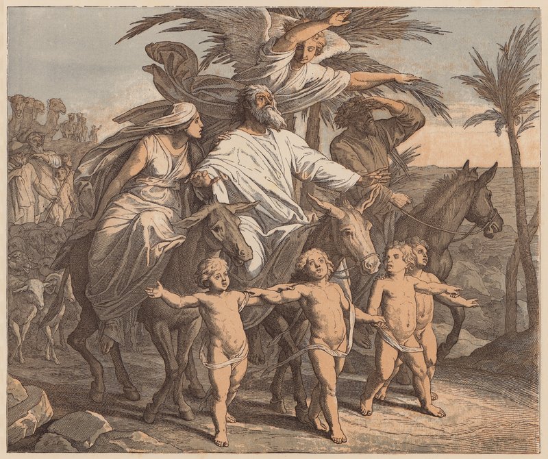 Abraham oglądający Ziemię Obiecaną, Księga Rodzaju, XII, 7 (kolorowy grawerunek) autorstwa Julius (after) Schnorr von Carolsfeld