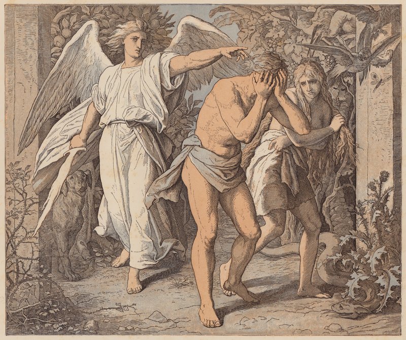 Adam i Ewa wypędzeni z raju, Księga Rodzaju, III, 23, 24 (kolorowa rycina) autorstwa Julius (after) Schnorr von Carolsfeld