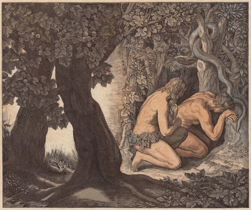 Adam i Ewa ukrywający się w Ogrodzie, Księga Rodzaju, III, 8 (kolorowa rycina) autorstwa Julius (after) Schnorr von Carolsfeld