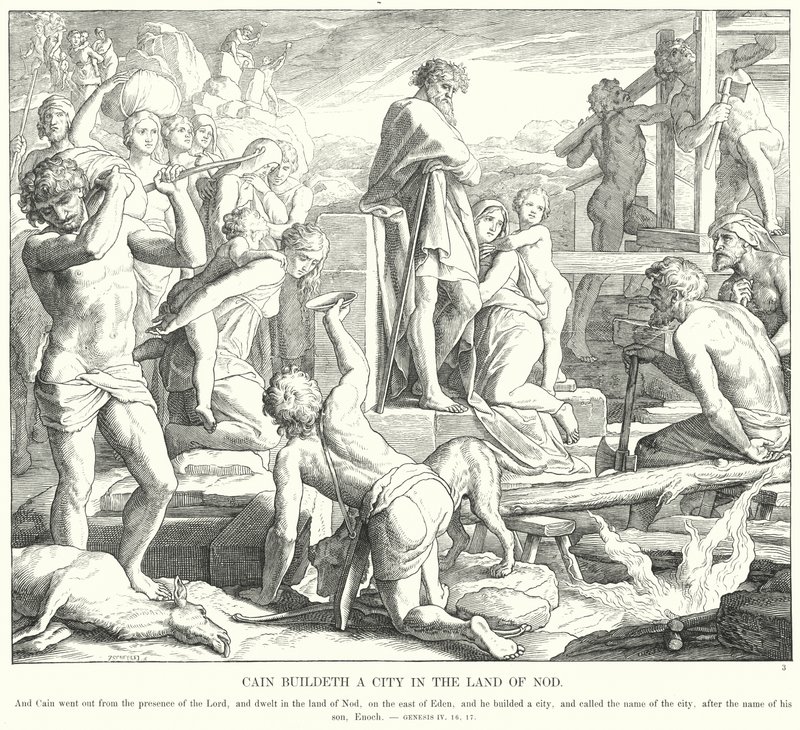 Kain buduje miasto w krainie Nod (rycina) autorstwa Julius (after) Schnorr von Carolsfeld