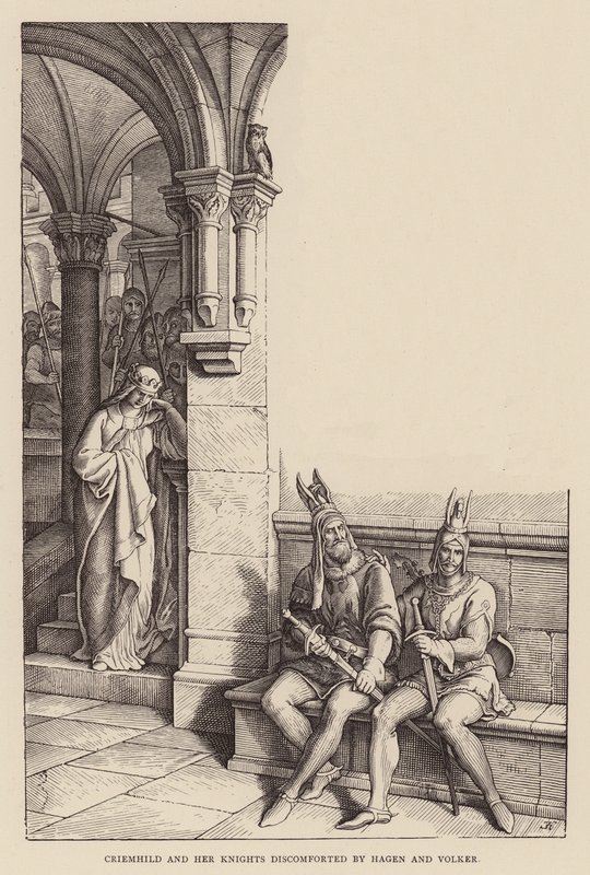 Criemhilda i jej rycerze dyskomfortowani przez Hagena i Volkera (rycina) autorstwa Julius (after) Schnorr von Carolsfeld