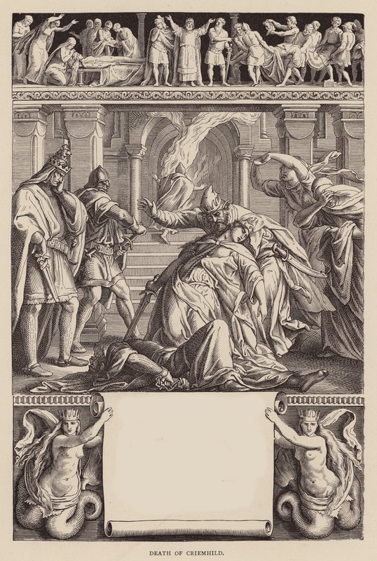 Pieśń Nibelungów: Śmierć Criemhildy (rycina) autorstwa Julius (after) Schnorr von Carolsfeld