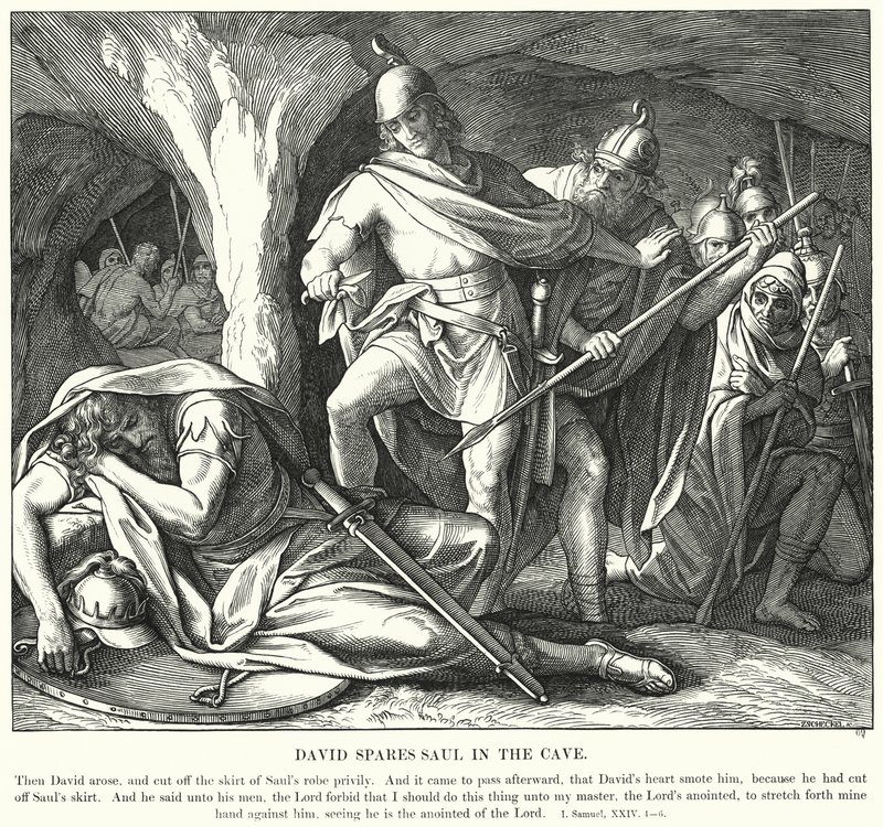 David oszczędza Saula w jaskini (rycina) autorstwa Julius (after) Schnorr von Carolsfeld