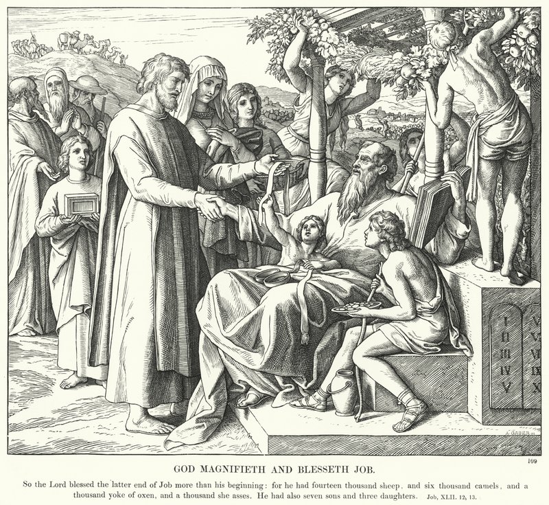 Bóg wywyższa i błogosławi Hioba (rycina) autorstwa Julius (after) Schnorr von Carolsfeld