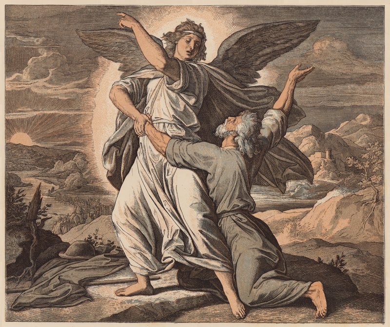 Jakub zmagający się z aniołem, Księga Rodzaju, XXXII, 26 (kolorowa rycina) autorstwa Julius (after) Schnorr von Carolsfeld