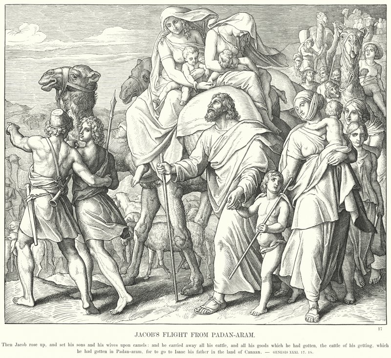 Ucieczka Jakuba z Padan-Aram (rycina) autorstwa Julius (after) Schnorr von Carolsfeld