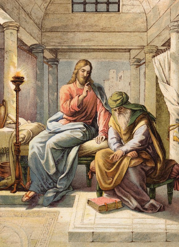 Jezus i Nikodem (kolorowa litografia) autorstwa Julius (after) Schnorr von Carolsfeld