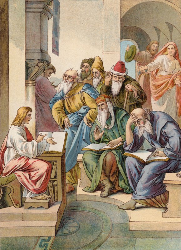 Jezus ze starszymi w świątyni (kolorowa litografia) autorstwa Julius (after) Schnorr von Carolsfeld