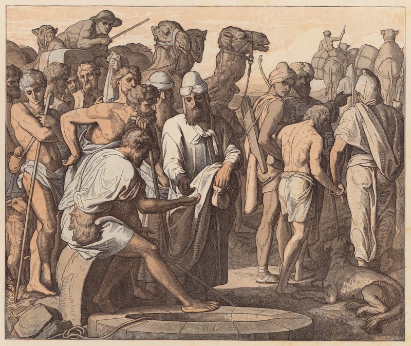 Józef sprzedany przez swoich braci, Księga Rodzaju, XXXVII, 28 (kolorowa rycina) autorstwa Julius (after) Schnorr von Carolsfeld