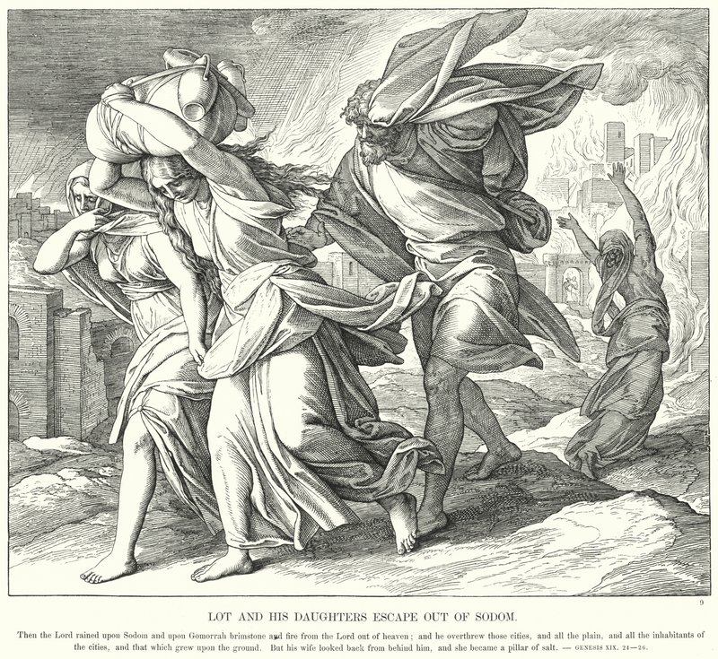 Lot i jego córki uciekają z Sodomy (rycina) autorstwa Julius (after) Schnorr von Carolsfeld