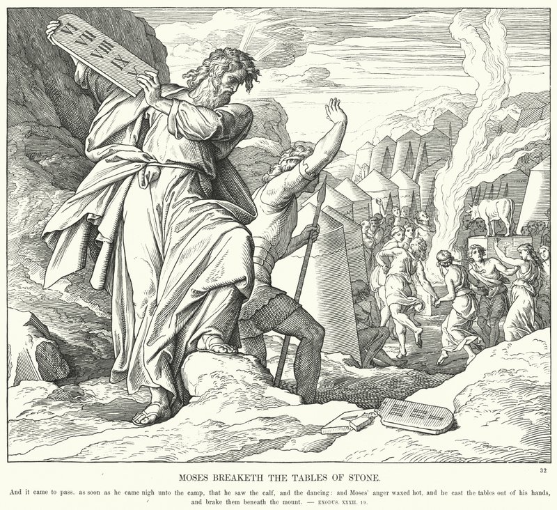 Mojżesz rozbija kamienne tablice (rycina) autorstwa Julius (after) Schnorr von Carolsfeld