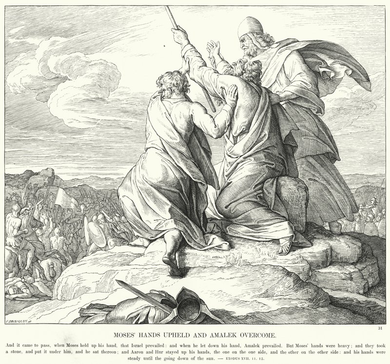 Podniesione ręce Mojżesza i zwycięstwo Amaleka (rycina) autorstwa Julius (after) Schnorr von Carolsfeld
