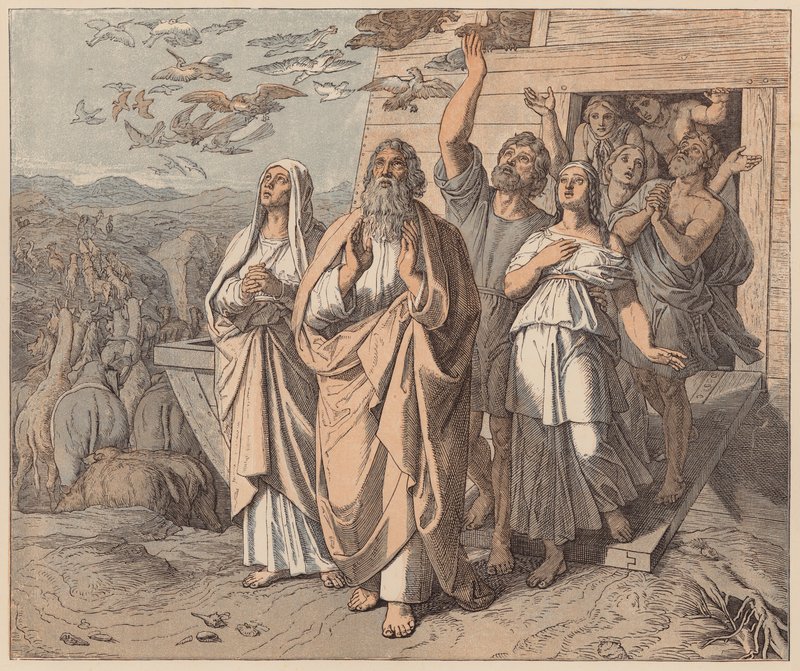 Noe i jego rodzina opuszczają arkę, Księga Rodzaju, VIII autorstwa Julius (after) Schnorr von Carolsfeld