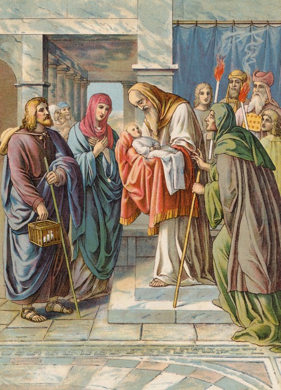 Ofiarowanie Jezusa w świątyni (kolorowa litografia) autorstwa Julius (after) Schnorr von Carolsfeld