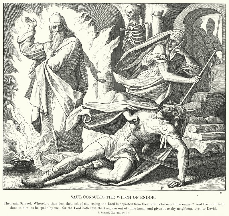 Saul konsultuje się z wiedźmą z Endor (rycina) autorstwa Julius (after) Schnorr von Carolsfeld