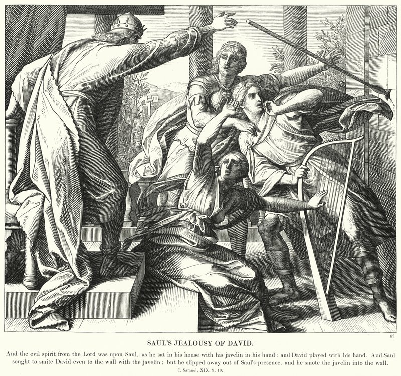 Zazdrość Saula o Dawida (rycina) autorstwa Julius (after) Schnorr von Carolsfeld