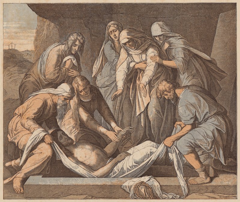 Złożenie do grobu Chrystusa, św. Jan, XIX, 41, 42 (rycina kolorowana) autorstwa Julius (after) Schnorr von Carolsfeld