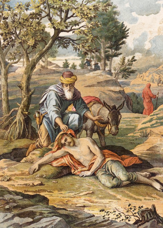 Dobry Samarytanin (kolorowa litografia) autorstwa Julius (after) Schnorr von Carolsfeld