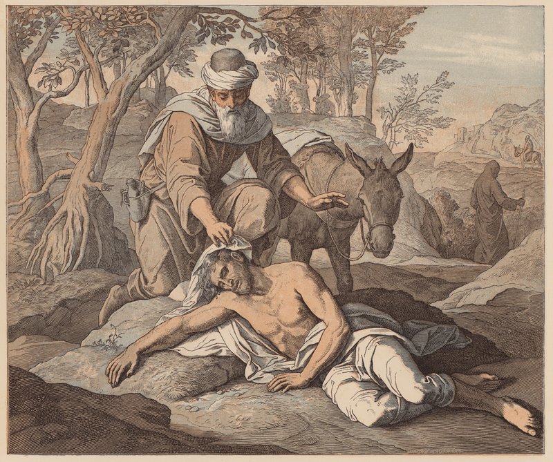Dobry Samarytanin, św. Łukasz, X, 33, 34 (rycina kolorowana) autorstwa Julius (after) Schnorr von Carolsfeld