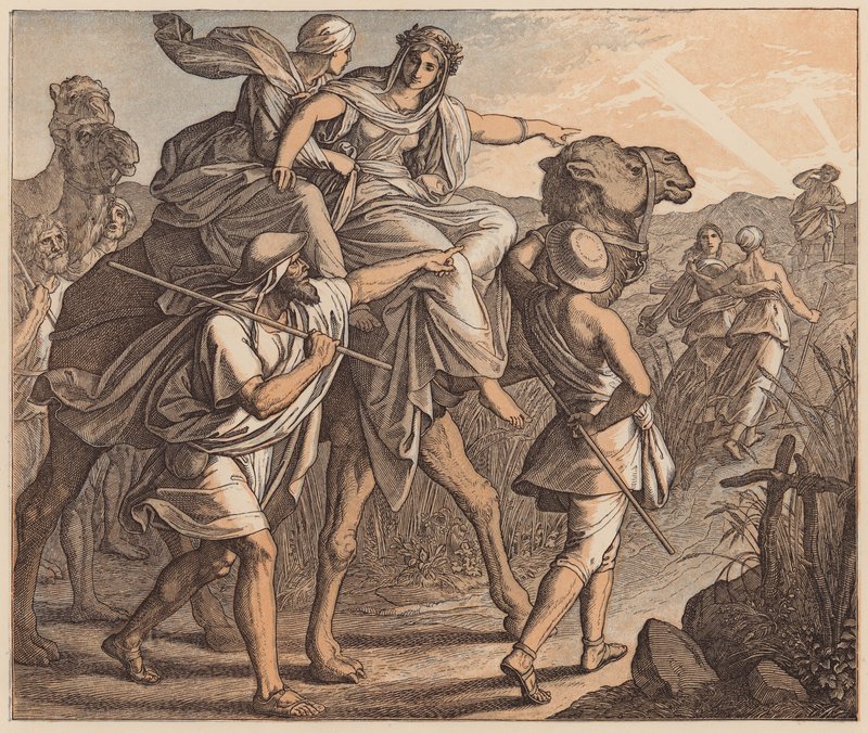 Spotkanie Izaaka i Rebeki, Księga Rodzaju, XXIV, 64 (kolorowa rycina) autorstwa Julius (after) Schnorr von Carolsfeld
