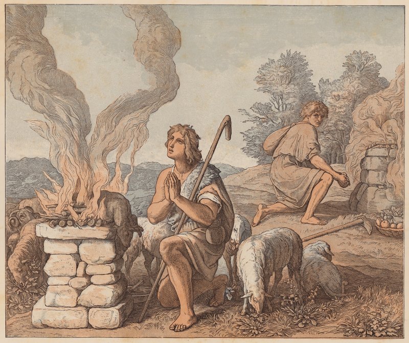 Ofiary Kaina i Abla, Księga Rodzaju, IV, 3, 4 (kolorowa rycina) autorstwa Julius (after) Schnorr von Carolsfeld
