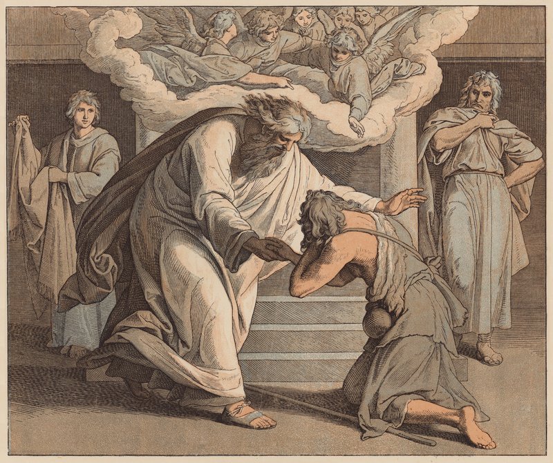 Syn marnotrawny, Święty Łukasz, XV, 20 (kolorowa rycina) autorstwa Julius (after) Schnorr von Carolsfeld