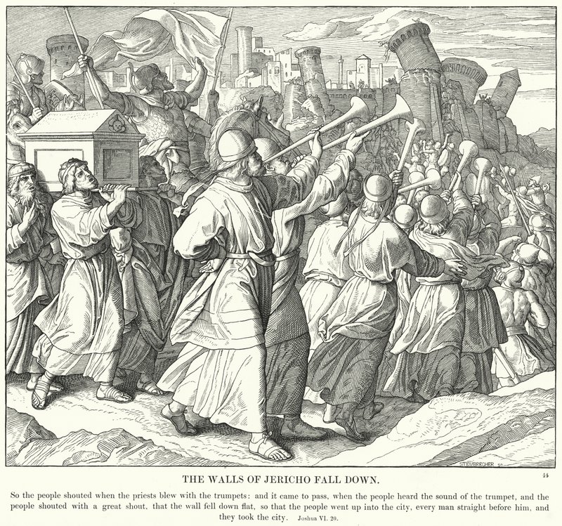 Mury Jerycha upadają (rycina) autorstwa Julius (after) Schnorr von Carolsfeld