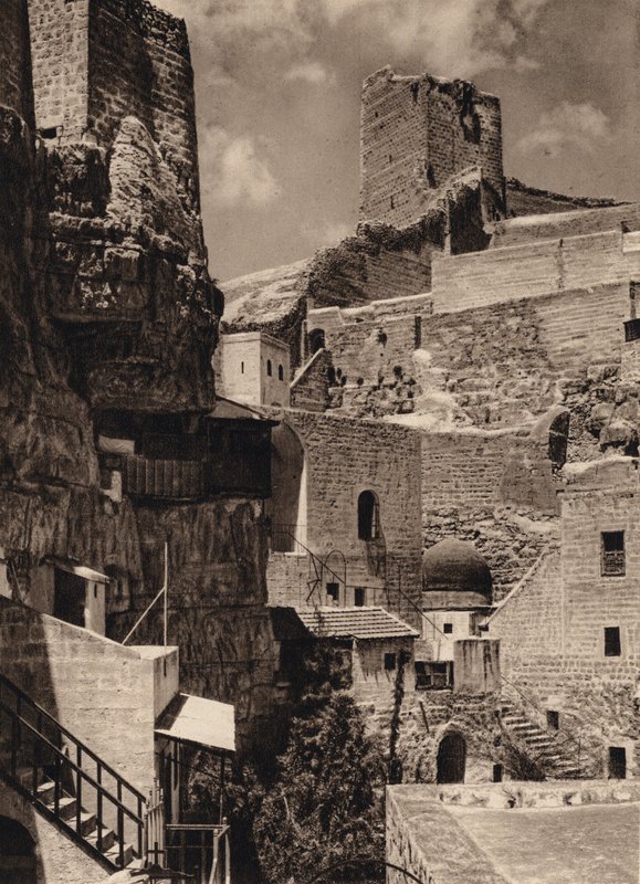 Mar Saba, Wieża Eudoksji i Klasztor (zdjęcie czarno-białe) autorstwa Karl Grober