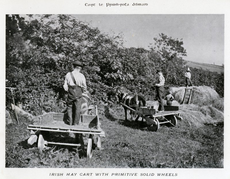 Irish Hay Cart z prymitywnymi, pełnymi kołami (zdjęcie czarno-białe) autorstwa Karl Karlovich Piratsky