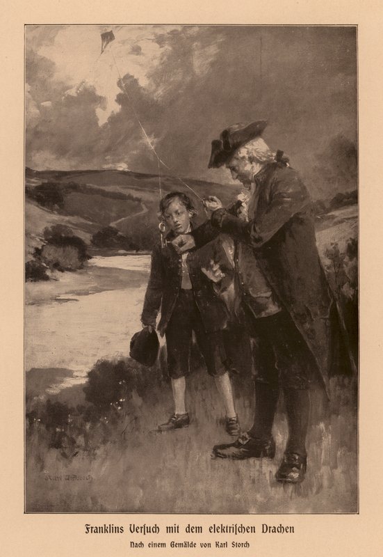 Benjamin Franklin badający piorun (litografia) autorstwa Karl Storch