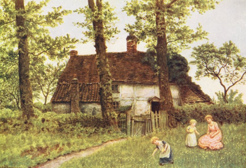 A Surrey Cottage (kolorowa litografia) autorstwa Kate (after) Greenaway
