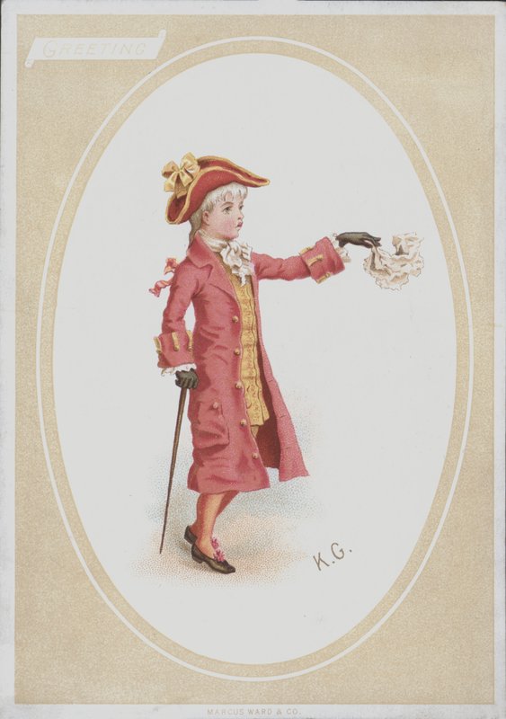 Chłopiec w czerwonym garniturze, machająca chusteczka (kolor litho) autorstwa Kate (after) Greenaway