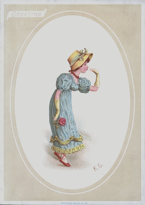Dziewczyna w niebieskiej sukience, ze słomkowym czepkiem, trzymająca różę (kolor litho) autorstwa Kate (after) Greenaway