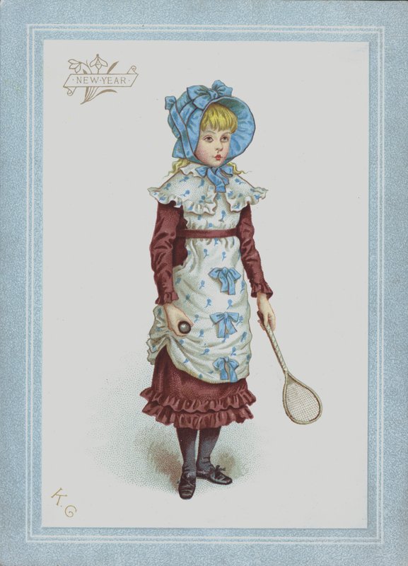 Dziewczyna w sukience i czepku, trzymająca lotkę i rakietę (kolor lito) autorstwa Kate (after) Greenaway
