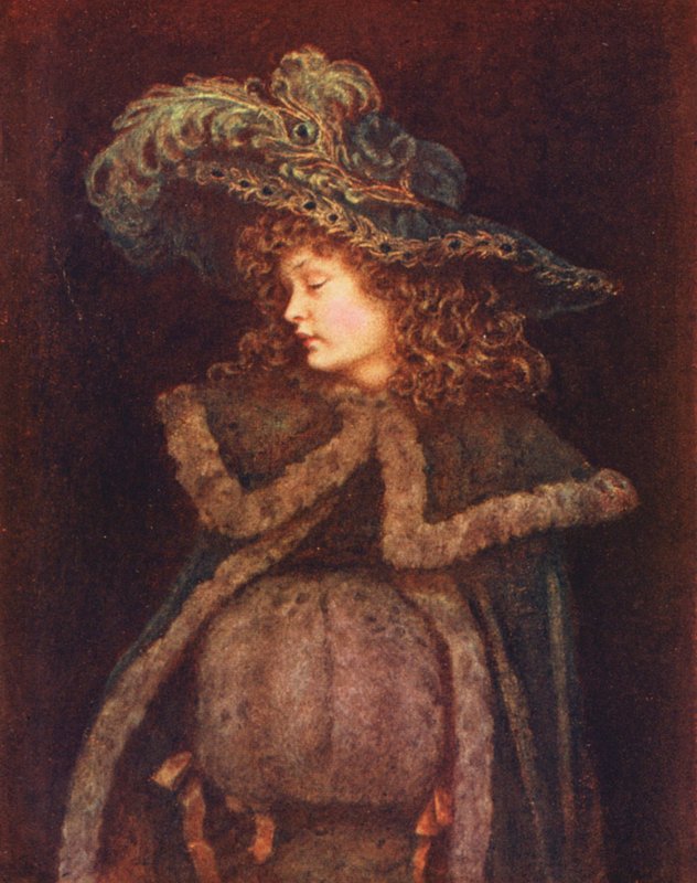 Dziewczyna z pawiem (kolorowa litografia) autorstwa Kate (after) Greenaway