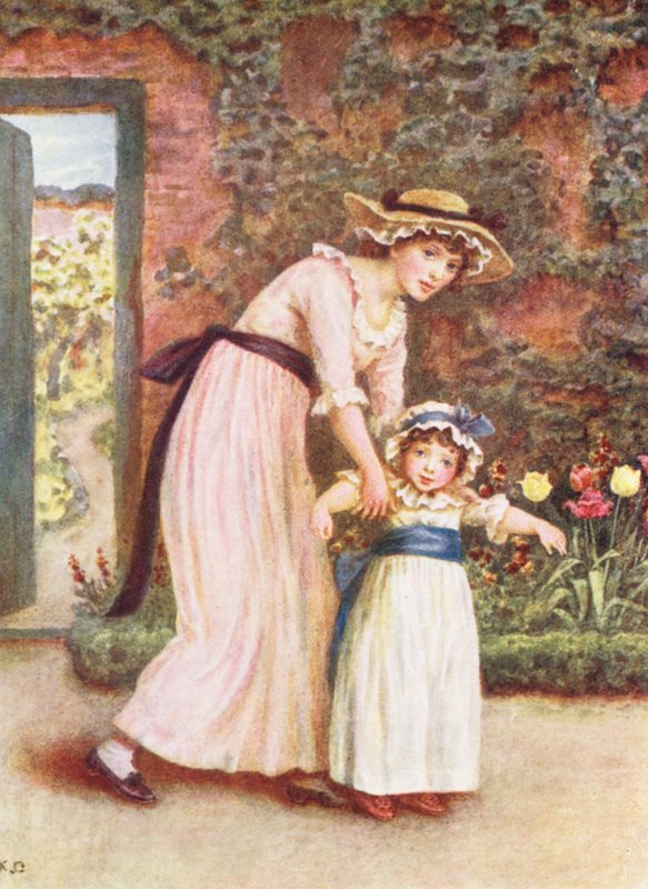 Dwie dziewczyny w ogrodzie (kolorowa litografia) autorstwa Kate (after) Greenaway