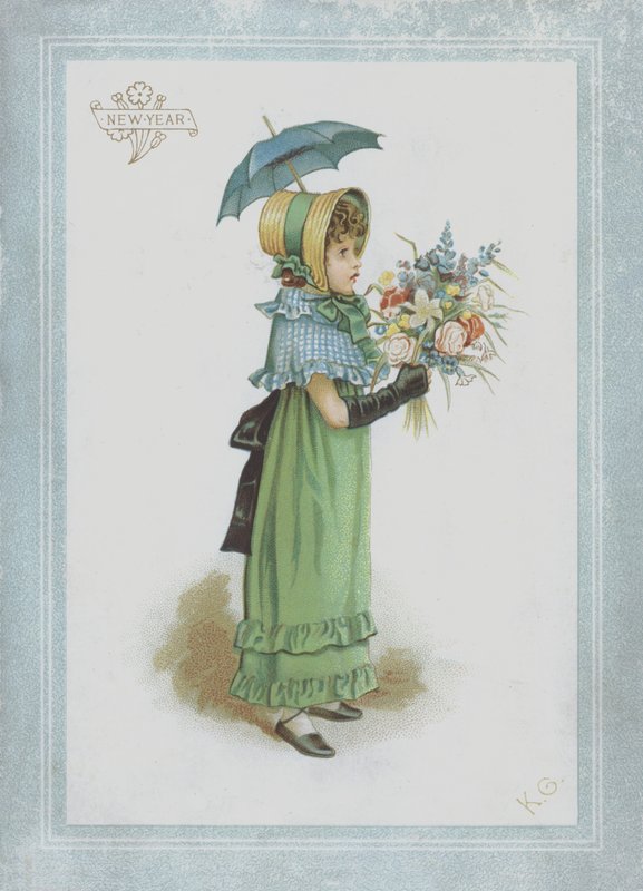 Dziewczyna w zielonej sukience, trzymająca parasolkę i bukiet kwiatów autorstwa Kate Greenaway