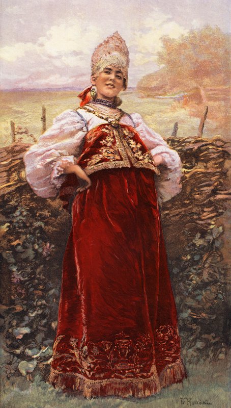 Rosyjska dziewica (kolorowa litografia) autorstwa Konstantin E Makovskij
