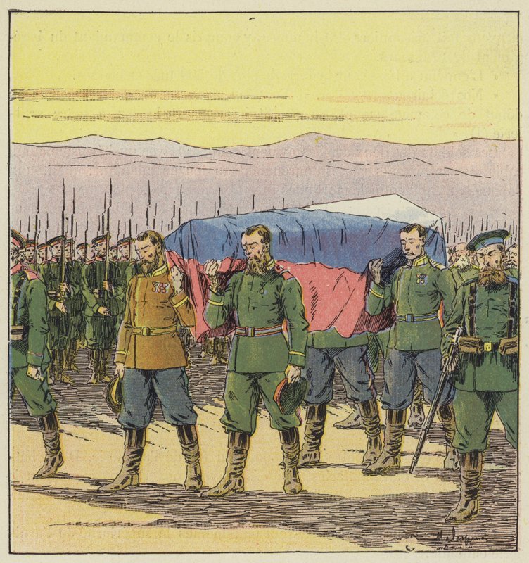 Pogrzeb Rosjan rannych po bitwie pod Vafangou autorstwa L. Malespine