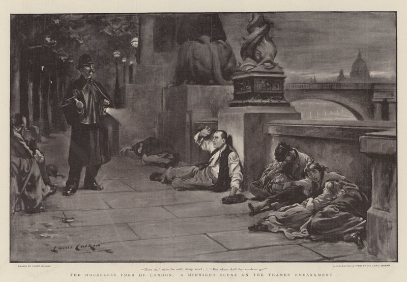 The Houseless Poor of London, scena o północy na nabrzeżu Tamizy autorstwa Lance Calkin