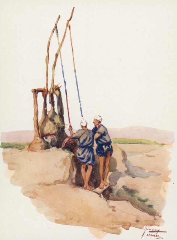 Mieszkańcy Egiptu: Shadoof Men, Shaddaf (kolorowa litografia) autorstwa Lance Thackeray