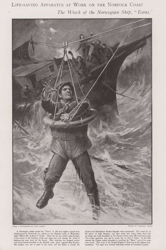 Aparatura ratunkowa w pracy na wybrzeżu Norfolk (litho) autorstwa Lancelot Speed