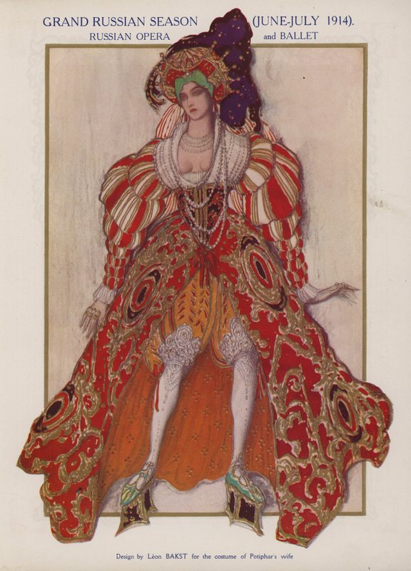 Projekt kostiumu autorstwa Leona Baksta dla żony Potyfara w przedstawieniu Ballets Russes baletu Richarda Straussa Josephslegende (kolor lito) autorstwa Leon (after) Bakst