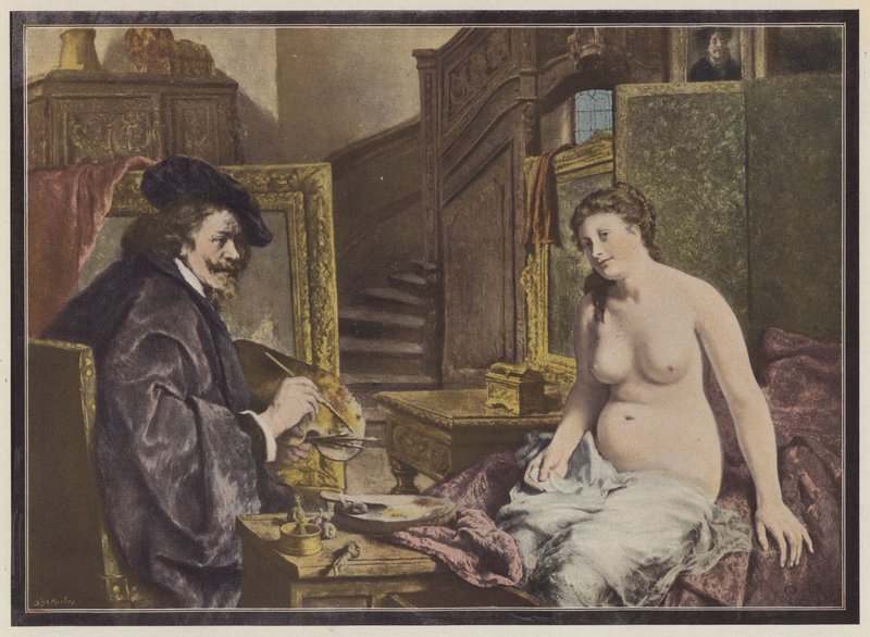 Rembrandt, holenderski artysta przy pracy w swojej pracowni (litografia kolorowa) autorstwa Leon Brunin