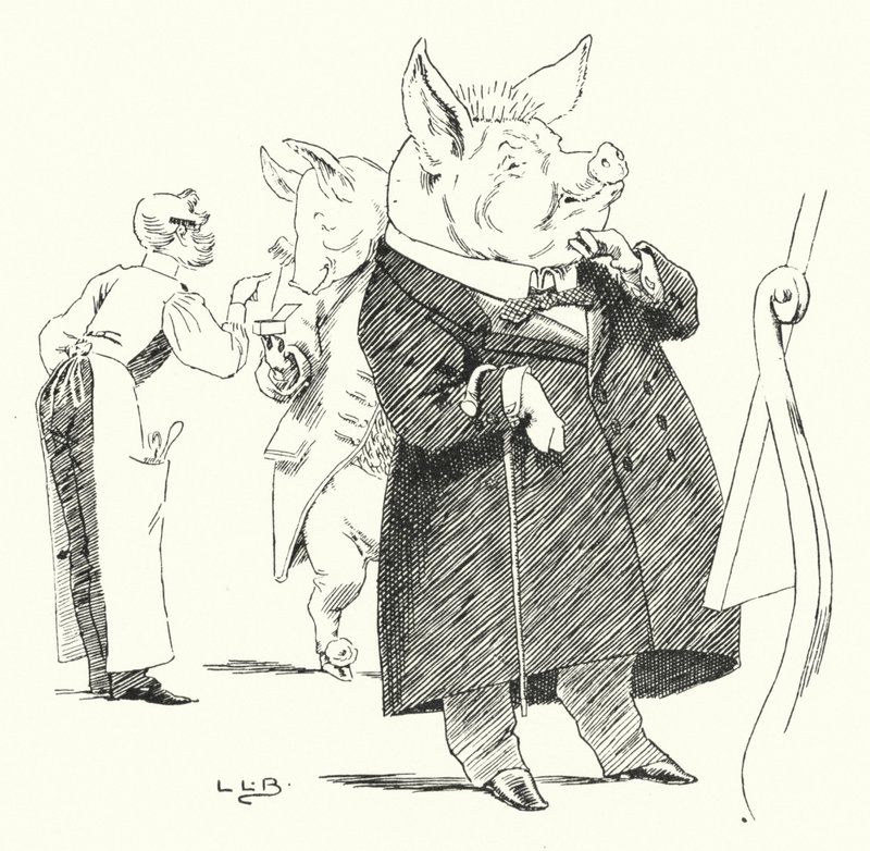 Fryzjer, fryzjer, ogolić świnię; z ilu włosów powstanie peruka? (rytownictwo) autorstwa Leonard Leslie Brooke